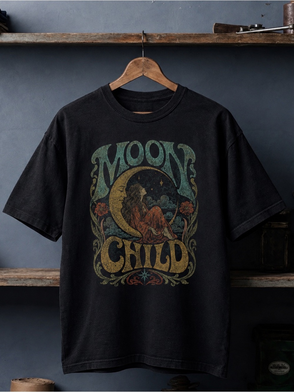 Moon Child Shirt, Boho Graphic Tee with Vintage Multi-Color Print